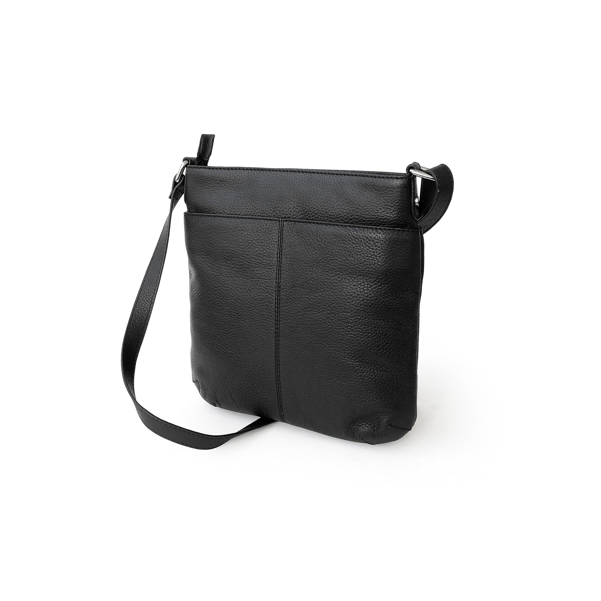 Ladies Leather Top Zipper Crossbody Bag in rich leather with adjustable strap and shiny silver hardware.
