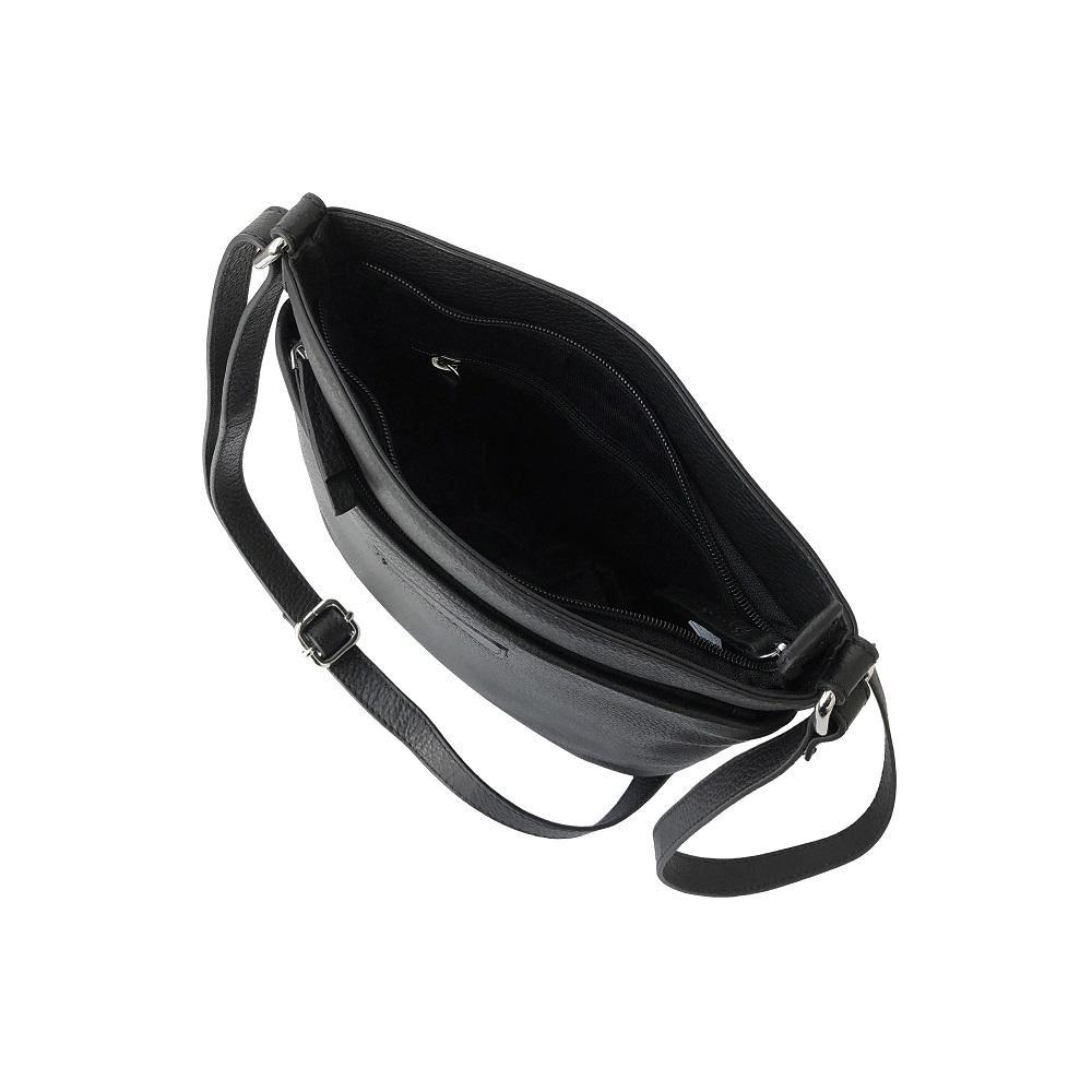 Ladies Leather Top Zipper Crossbody Bag in rich leather with adjustable strap and shiny silver hardware.