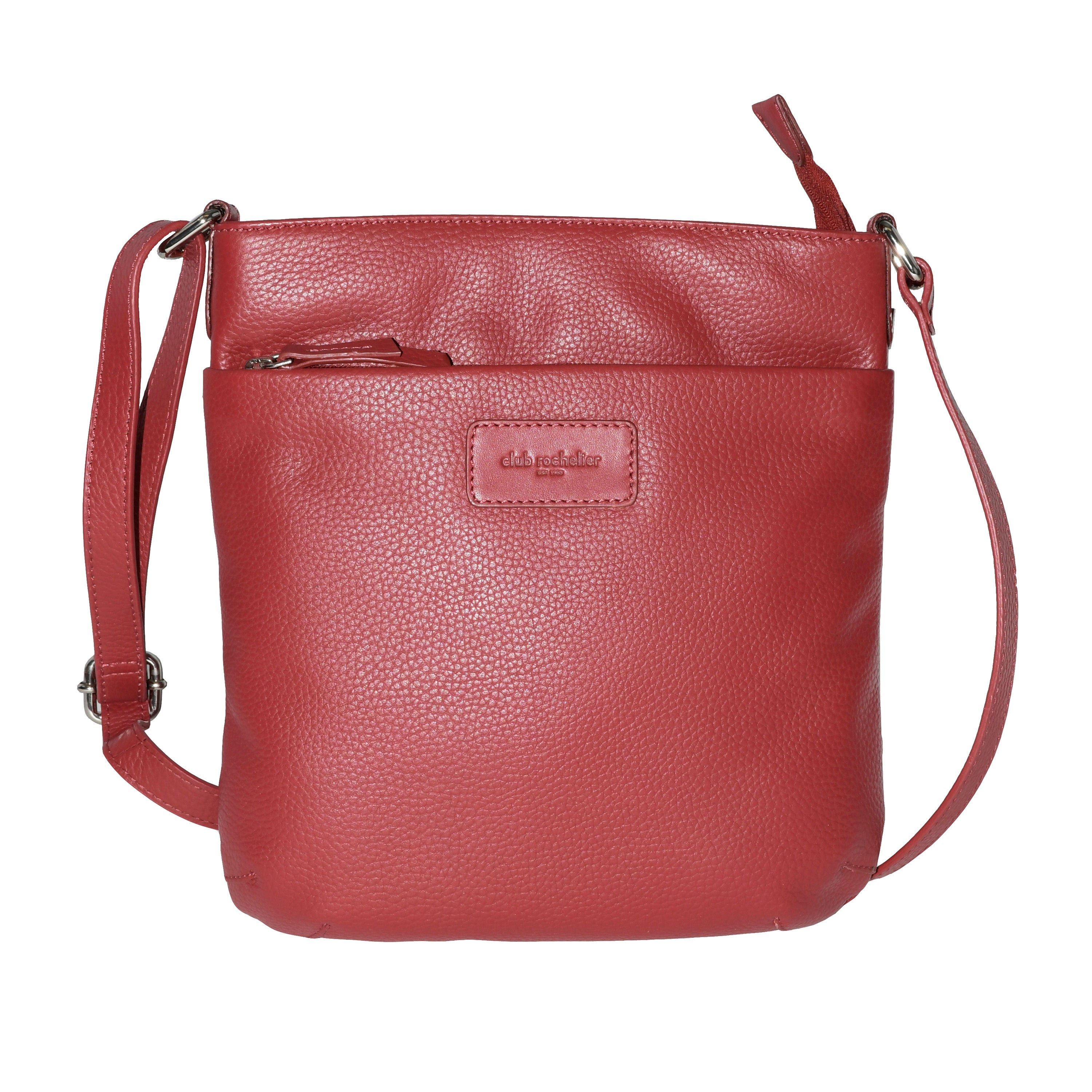 Ladies Leather Top Zipper Crossbody Bag in rich leather with adjustable strap and shiny silver hardware.