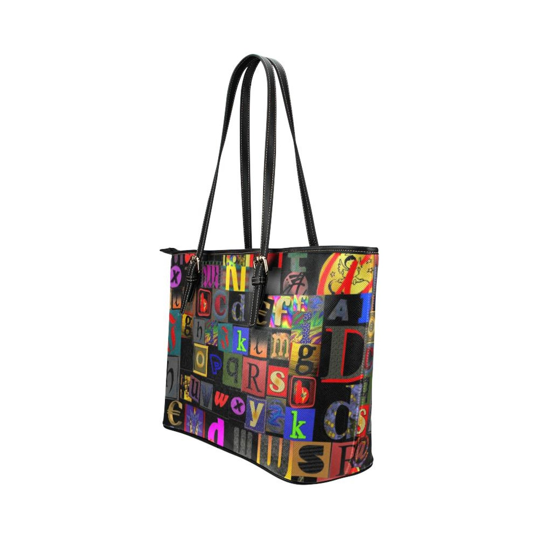 Large Leather Tote Shoulder Bag in black with alphabet pattern, featuring adjustable straps and spacious interior.