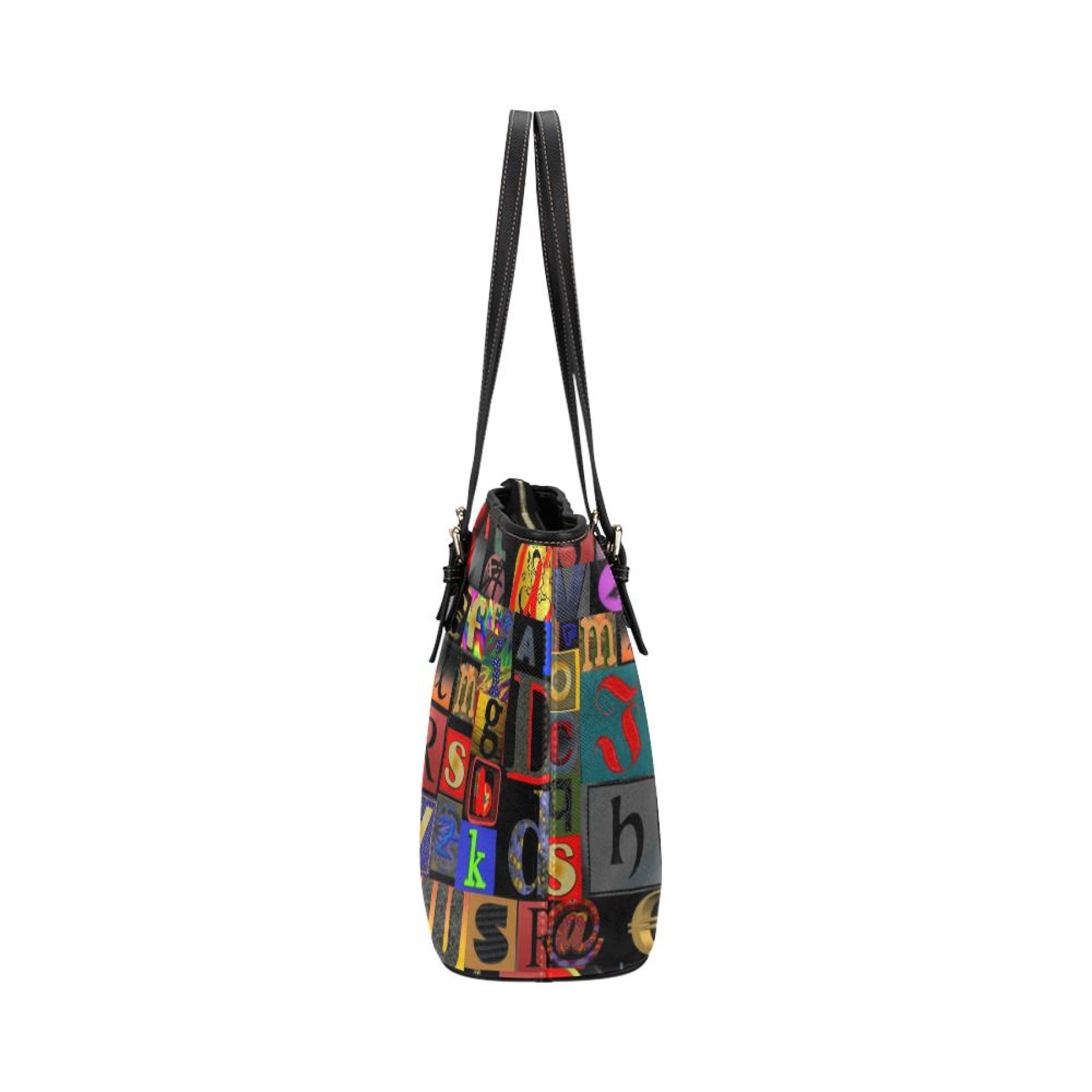 Large Leather Tote Shoulder Bag in black with alphabet pattern, featuring adjustable straps and spacious interior.