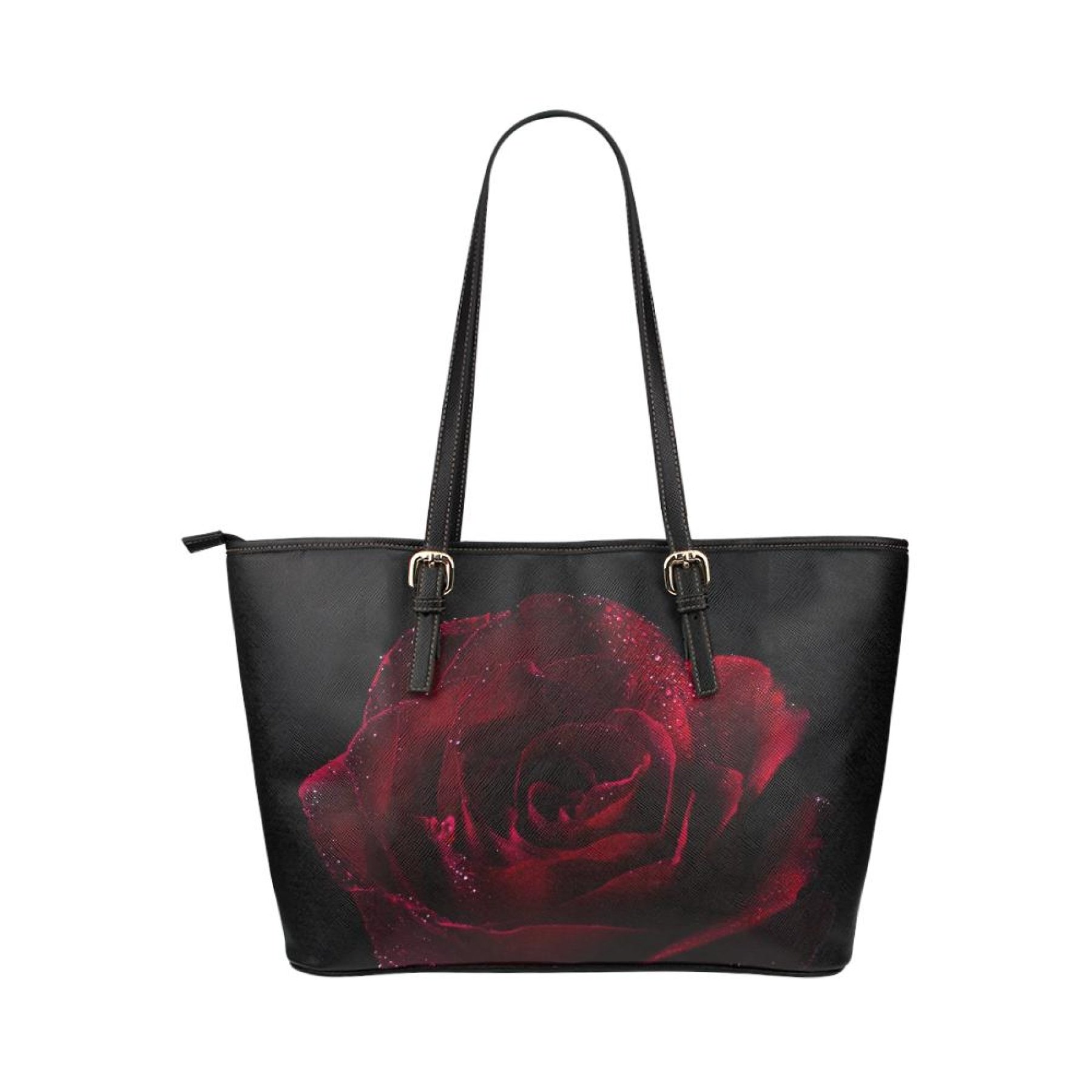 Large Leather Tote Shoulder Bag featuring a black and red stem rose illustration, spacious interior, and adjustable shoulder straps.