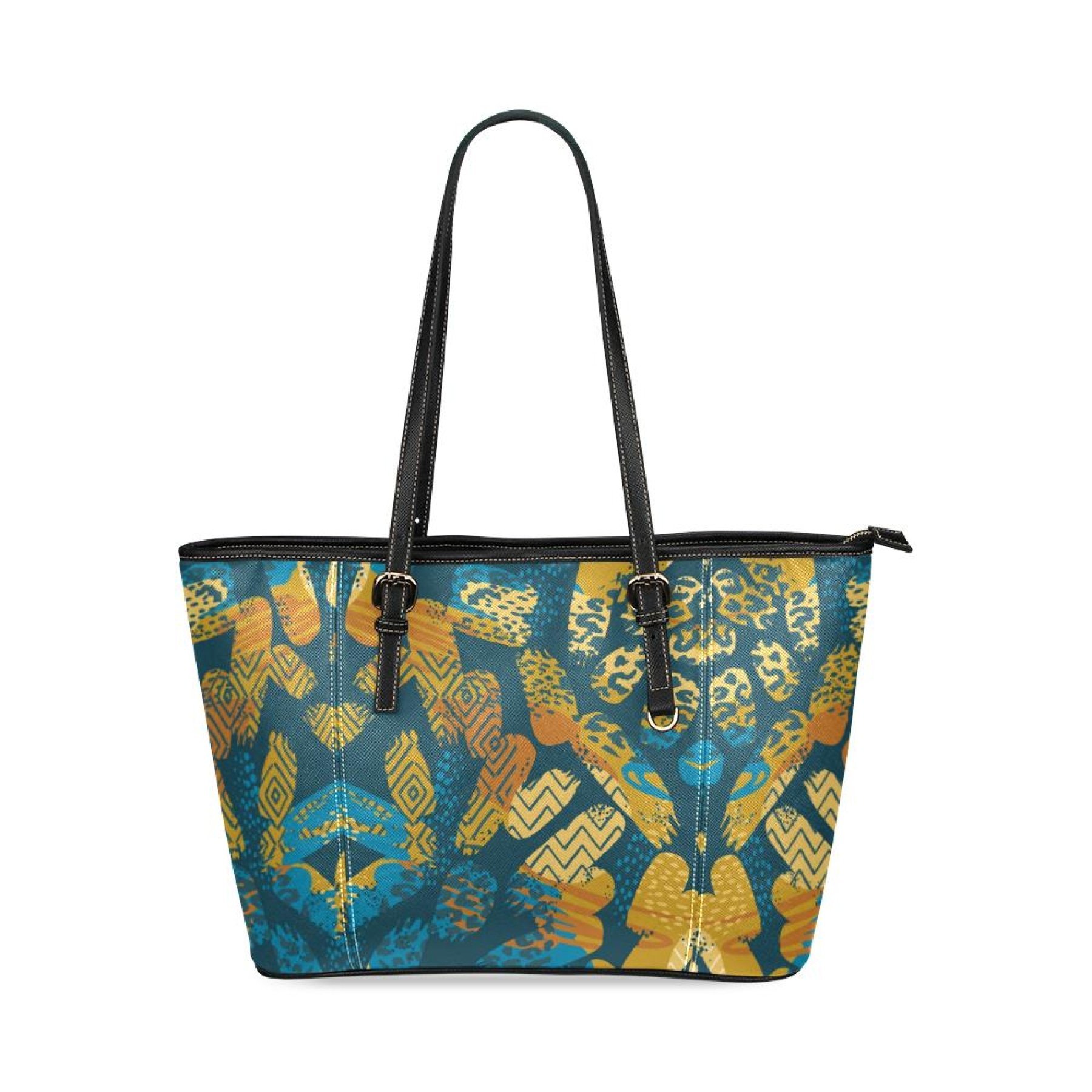 Large Leather Tote Shoulder Bag in blue geometric pattern, showcasing its spacious design and stylish appearance.