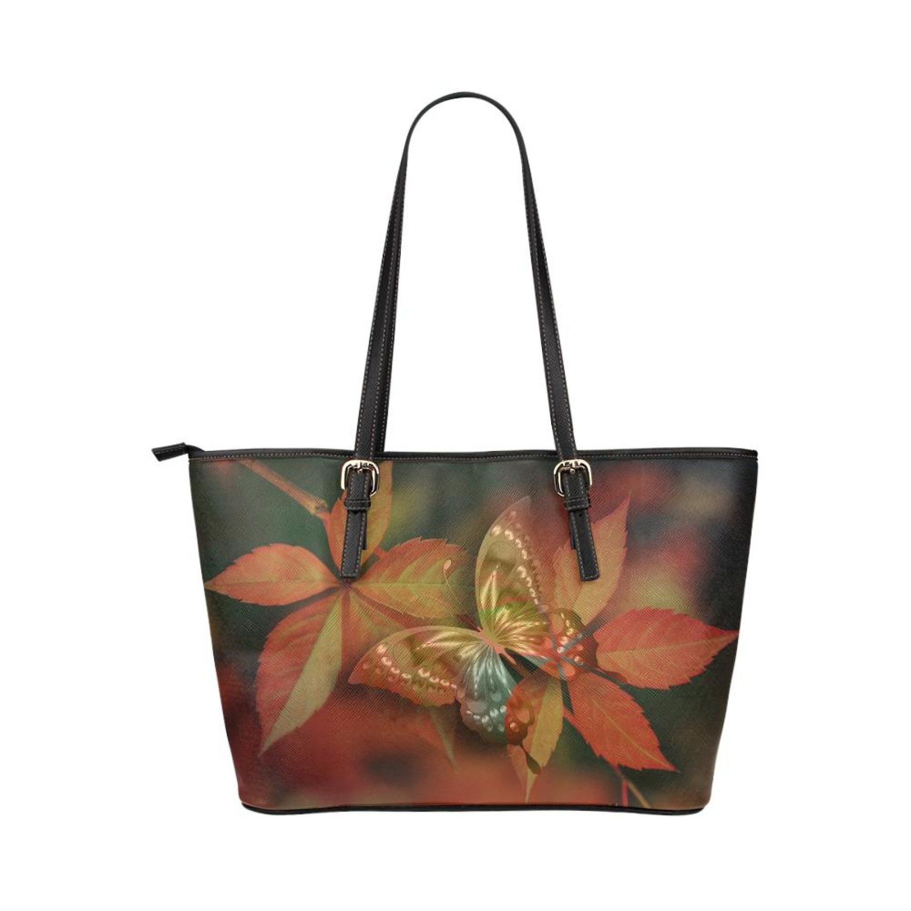 Large leather tote shoulder bag featuring a brown butterfly pattern illustration, spacious interior, and adjustable straps.