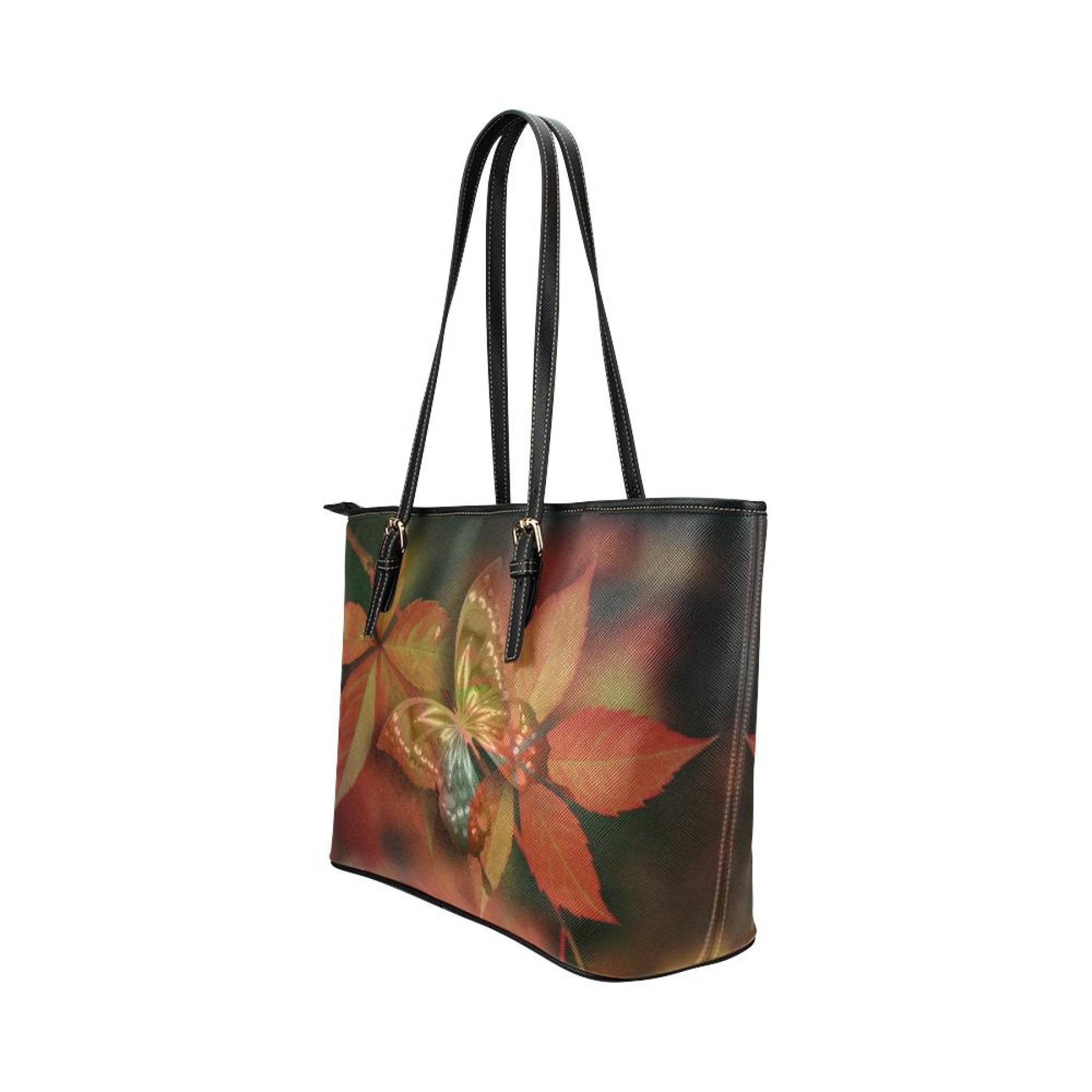 Large leather tote shoulder bag featuring a brown butterfly pattern illustration, spacious interior, and adjustable straps.