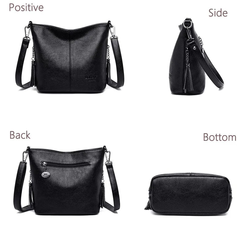Lightweight shoulder bag made of high-quality leather with glossy finish and detachable hardware buckle.