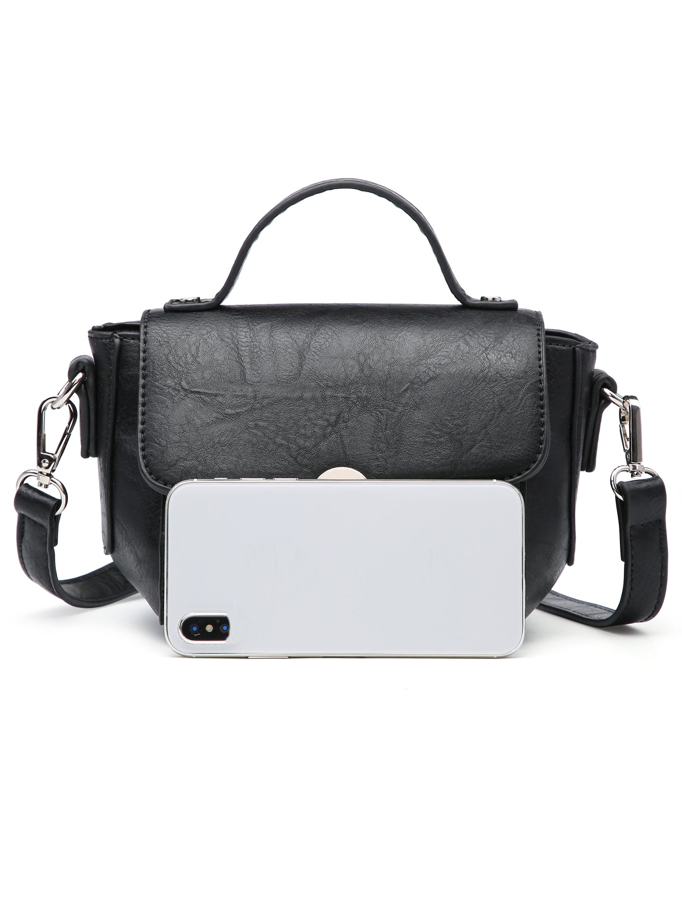 Mini tote purse crossbody in black with triple compartments, showcasing its stylish design and practical features.