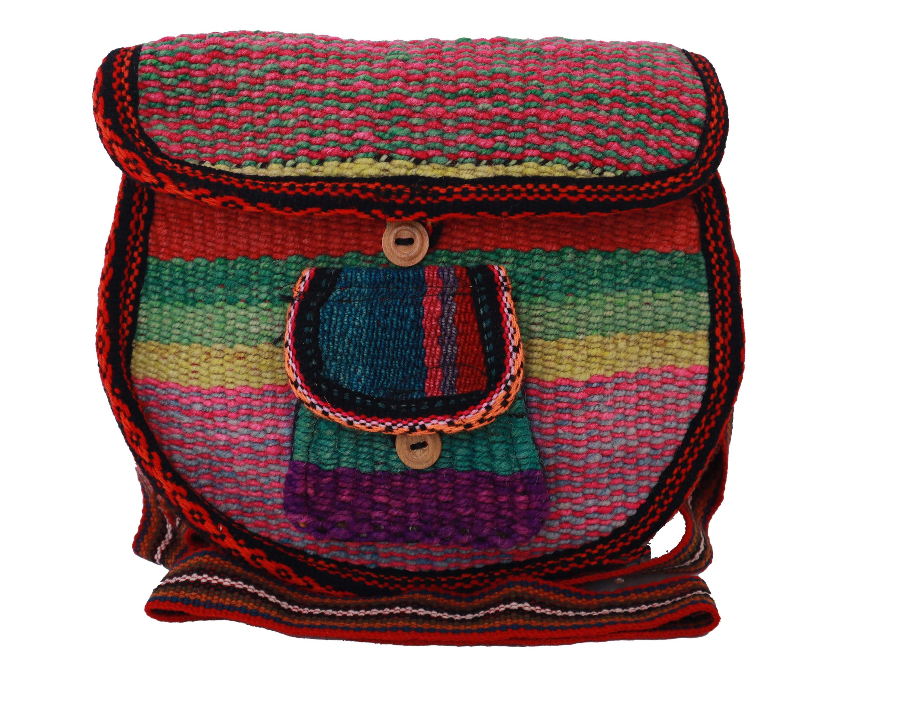 Mint and Fuchsia Artisan Woven Button Crossbody Bag showcasing vibrant colors and intricate designs.