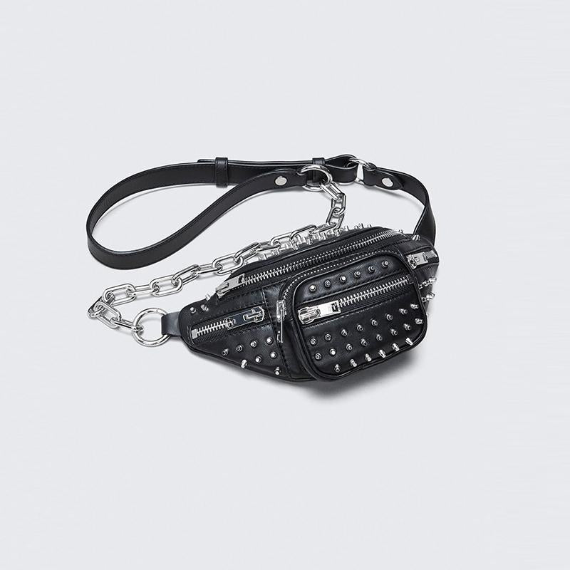 Moto Rivets Fanny Crossbody Bag in black studded vegan leather with adjustable chain strap and multiple zipper pockets.