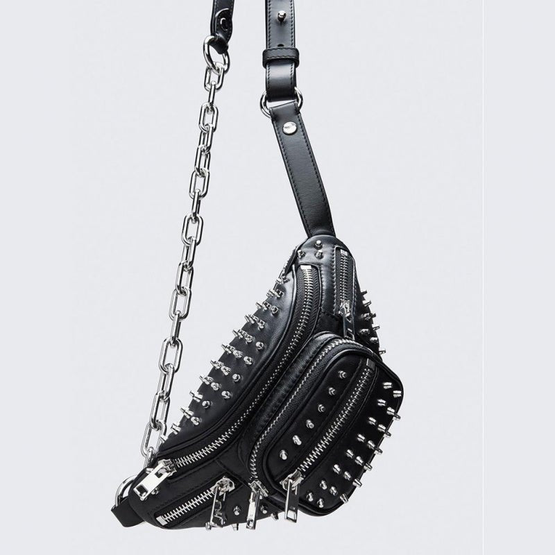 Moto Rivets Fanny Crossbody Bag in black studded vegan leather with adjustable chain strap and multiple zipper pockets.