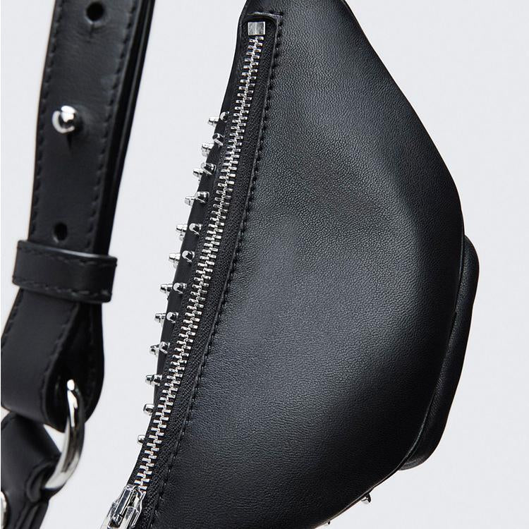 Moto Rivets Fanny Crossbody Bag in black studded vegan leather with adjustable chain strap and multiple zipper pockets.