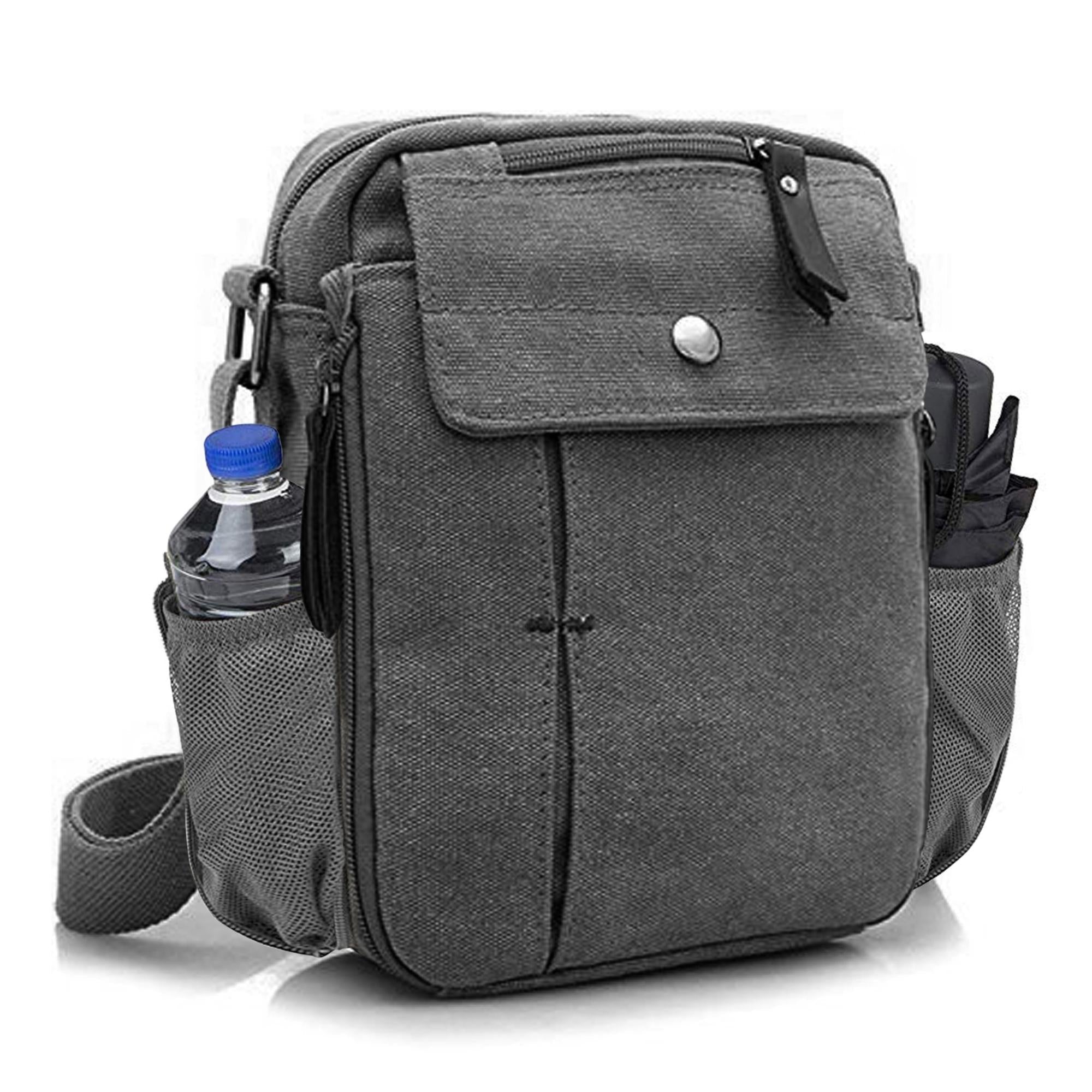 A stylish Multifunctional Canvas Bag in various colors and patterns, featuring an adjustable shoulder strap and multiple organizational pockets.