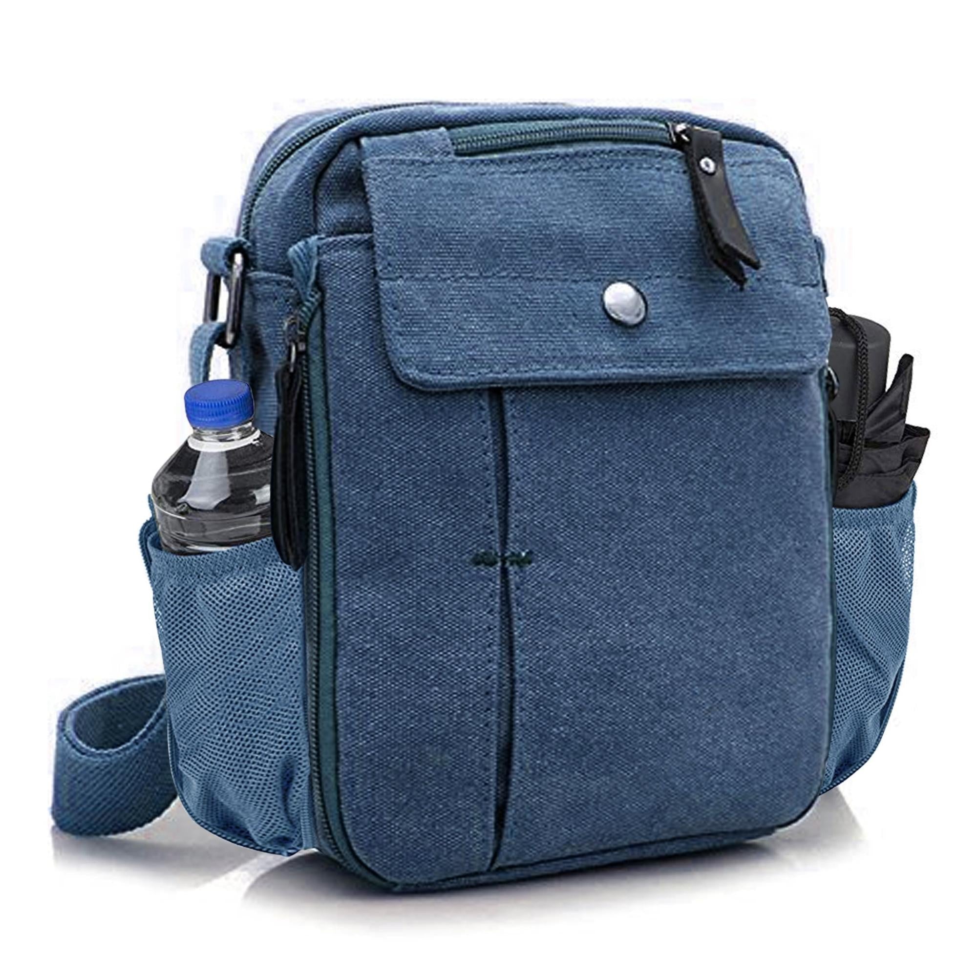 A stylish Multifunctional Canvas Bag in various colors and patterns, featuring an adjustable shoulder strap and multiple organizational pockets.