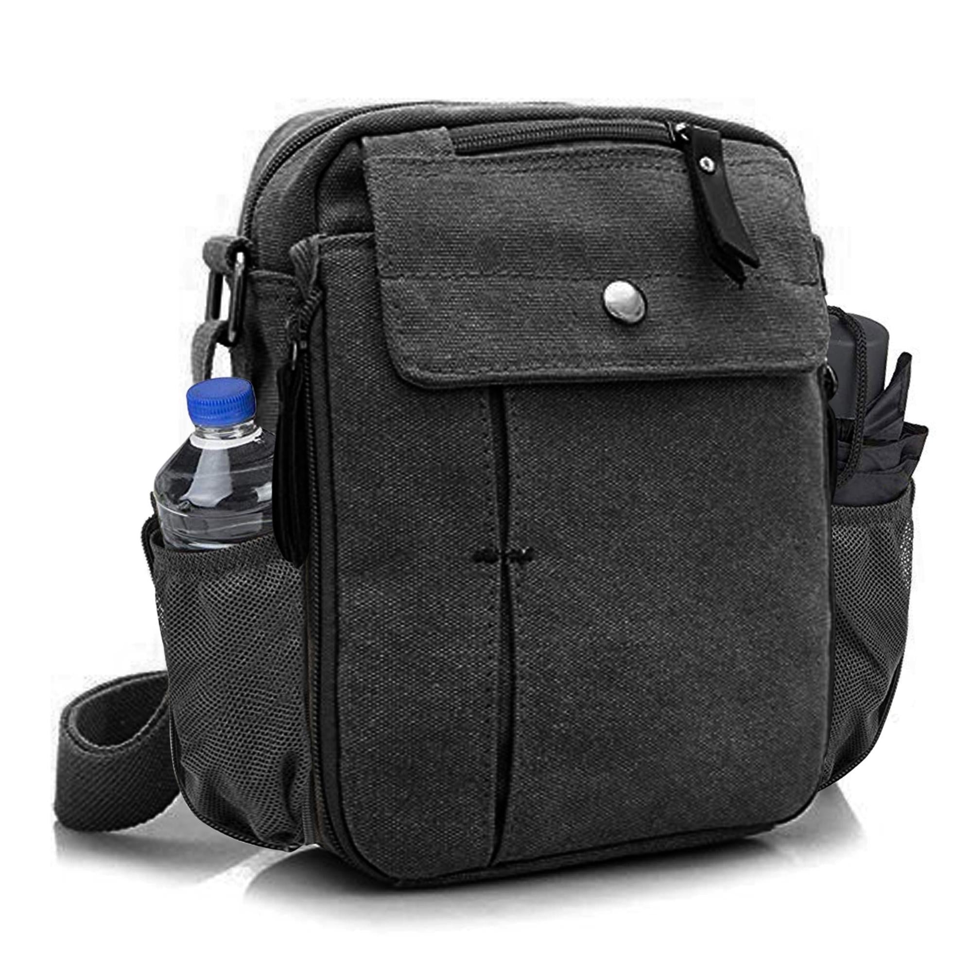 A stylish Multifunctional Canvas Bag in various colors and patterns, featuring an adjustable shoulder strap and multiple organizational pockets.