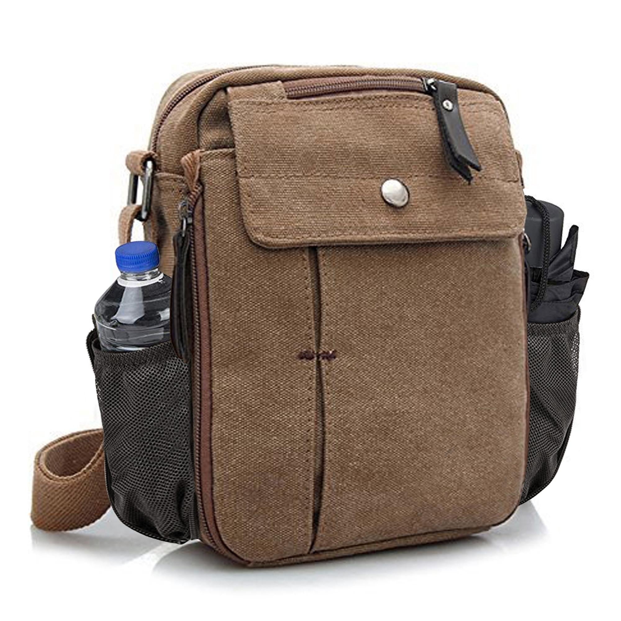 A stylish Multifunctional Canvas Bag in various colors and patterns, featuring an adjustable shoulder strap and multiple organizational pockets.