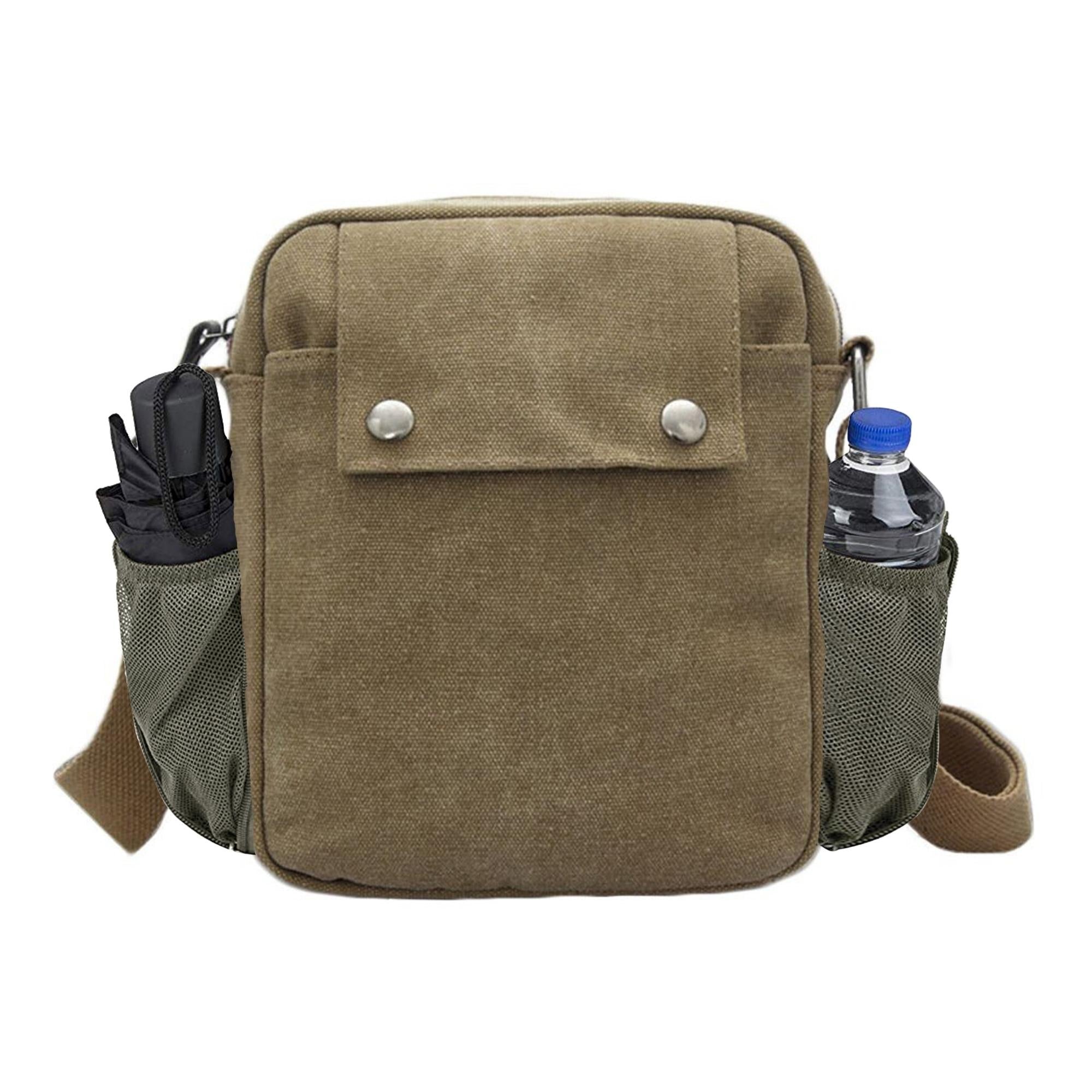 A stylish Multifunctional Canvas Bag in various colors and patterns, featuring an adjustable shoulder strap and multiple organizational pockets.