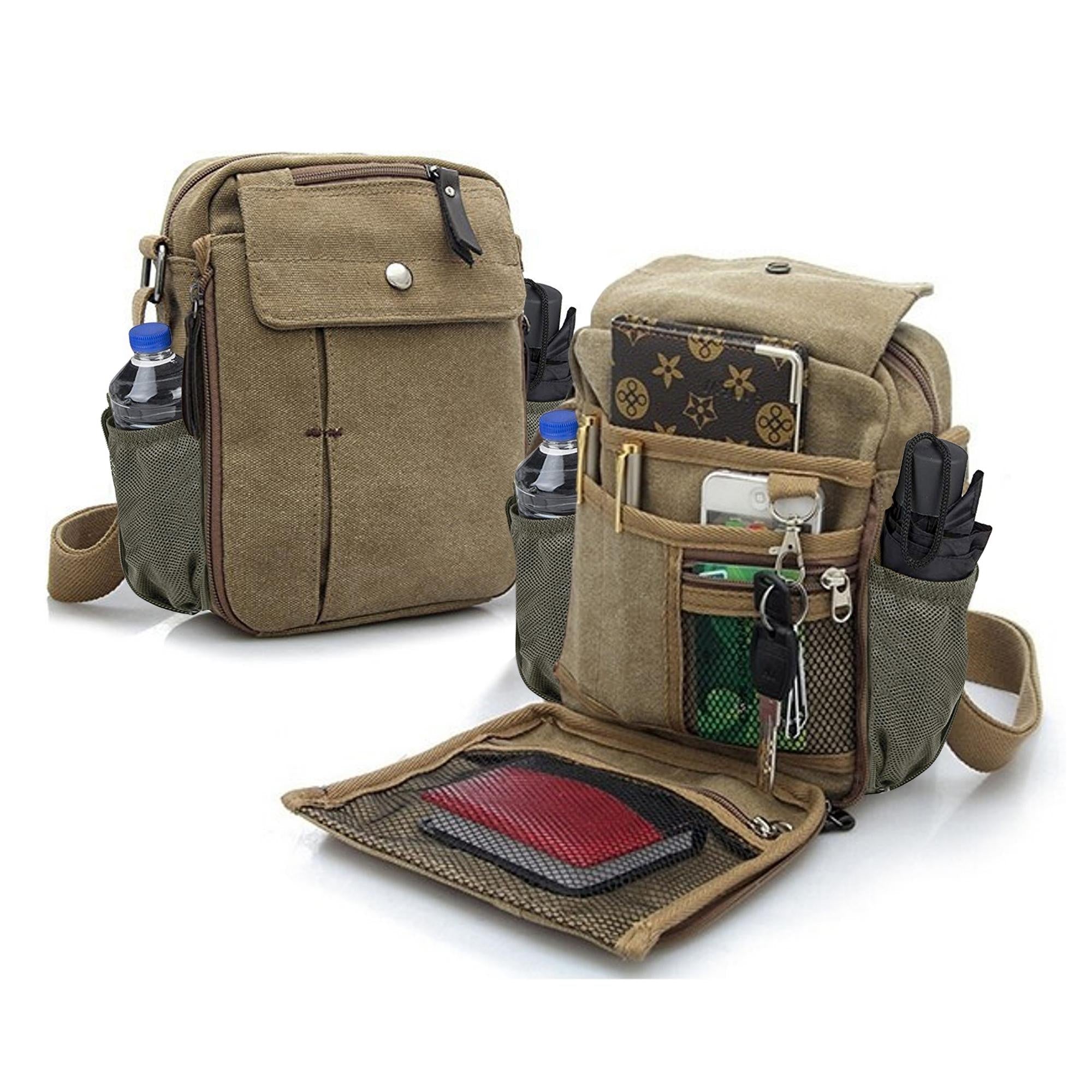 A stylish Multifunctional Canvas Bag in various colors and patterns, featuring an adjustable shoulder strap and multiple organizational pockets.
