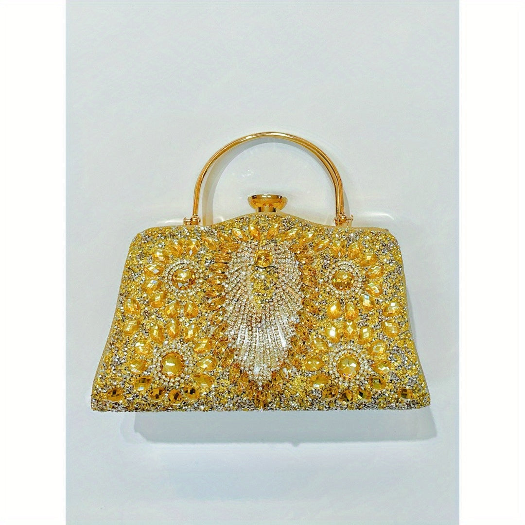 Elegant nightout bag with diamond inlaid design, featuring metallic handles and a shiny finish, perfect for formal events.