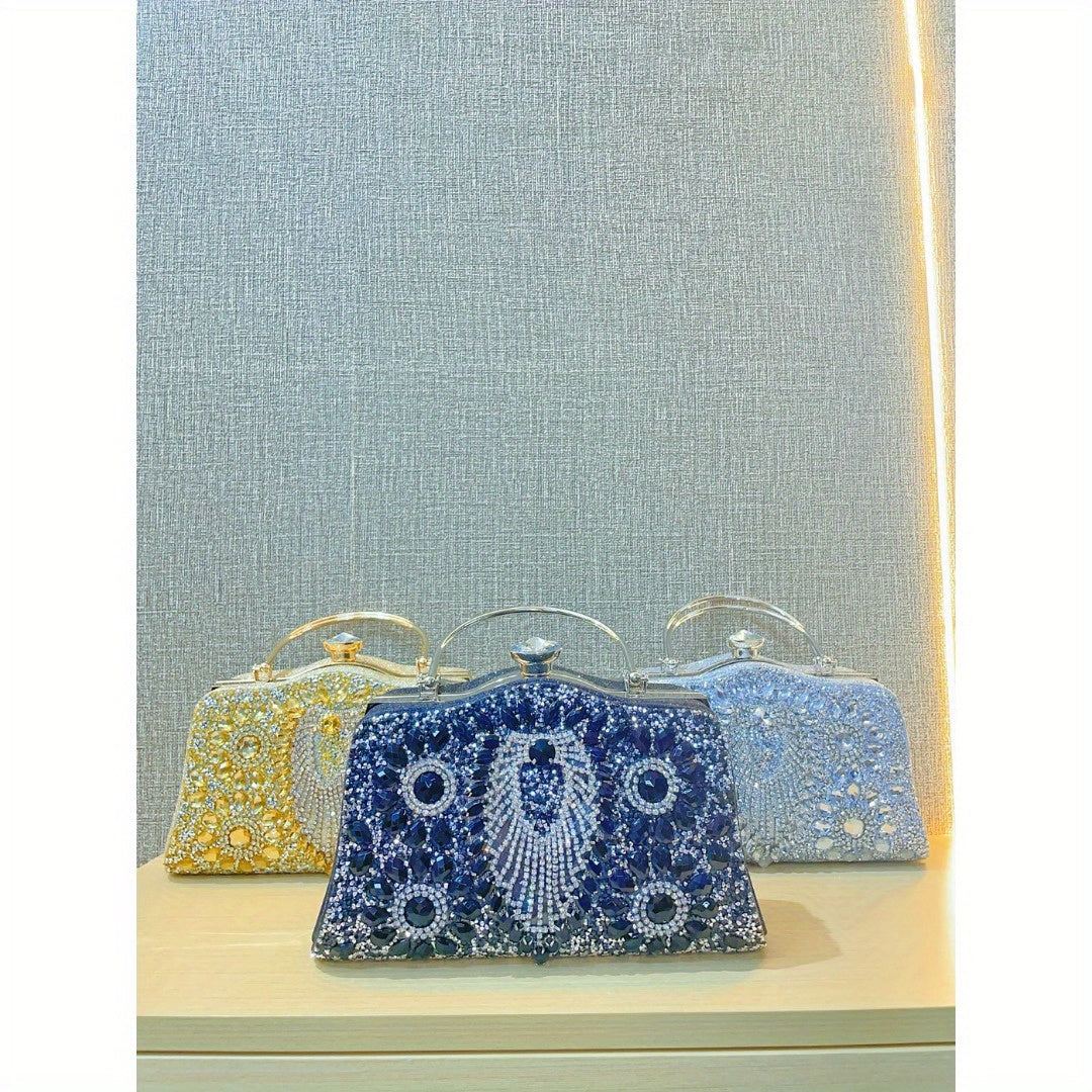 Elegant nightout bag with diamond inlaid design, featuring metallic handles and a shiny finish, perfect for formal events.