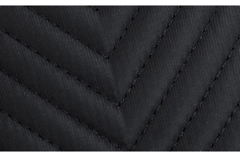 A stylish nylon quilted bag featuring multiple zipper pockets, adjustable strap, and gold-tone hardware.