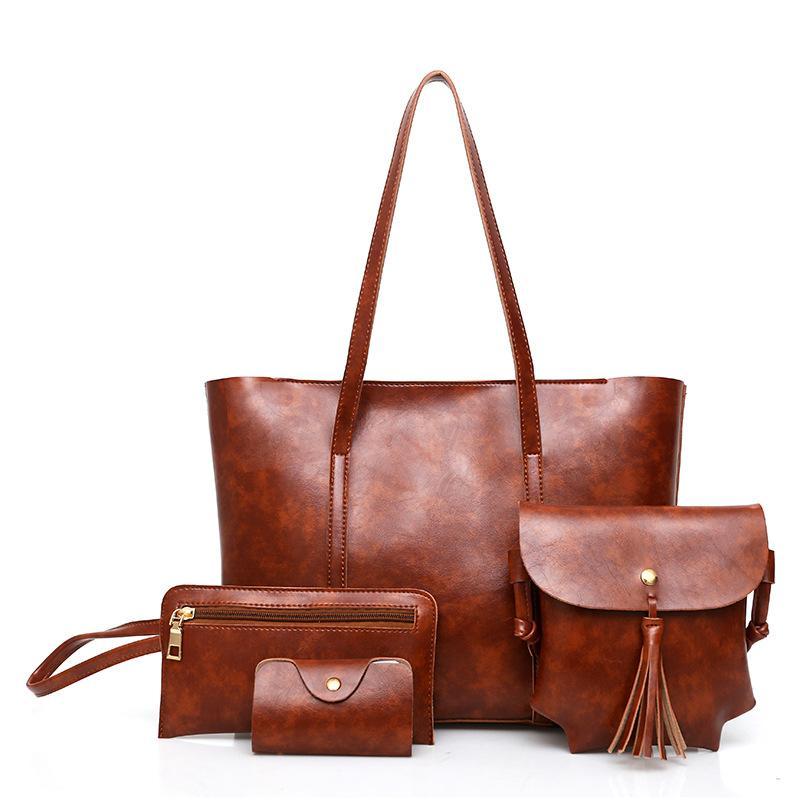 Oil Wax Four Piece Leather Handbag Set for Women featuring a large tote and matching purse in stylish retro design.