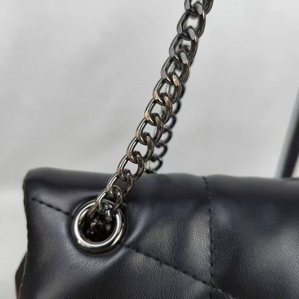 Stylish Puffer Shoulder Bag with chain strap and quilted design, perfect for women. Spacious and trendy crossbody purse.
