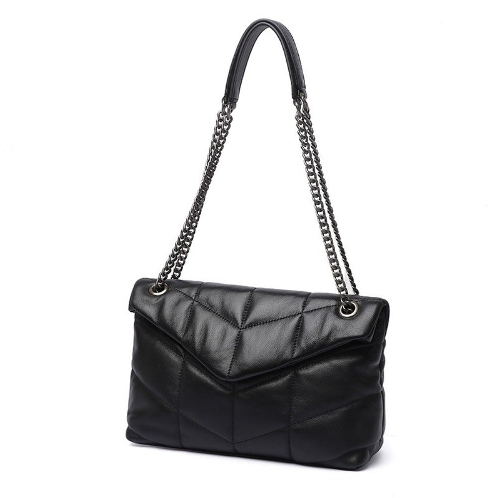 Stylish Puffer Shoulder Bag with chain strap and quilted design, perfect for women. Spacious and trendy crossbody purse.