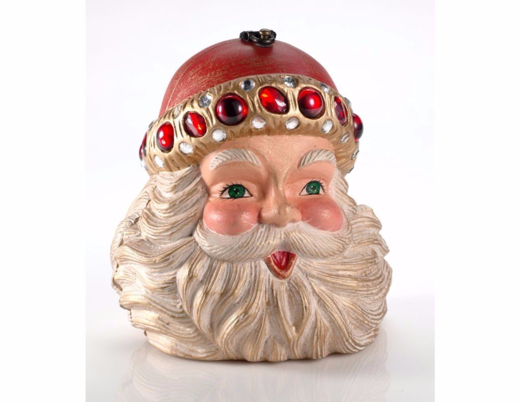 Collectible Santa handbag with intricate hand-carved details, red and gold trim, and high gloss lacquer finish.