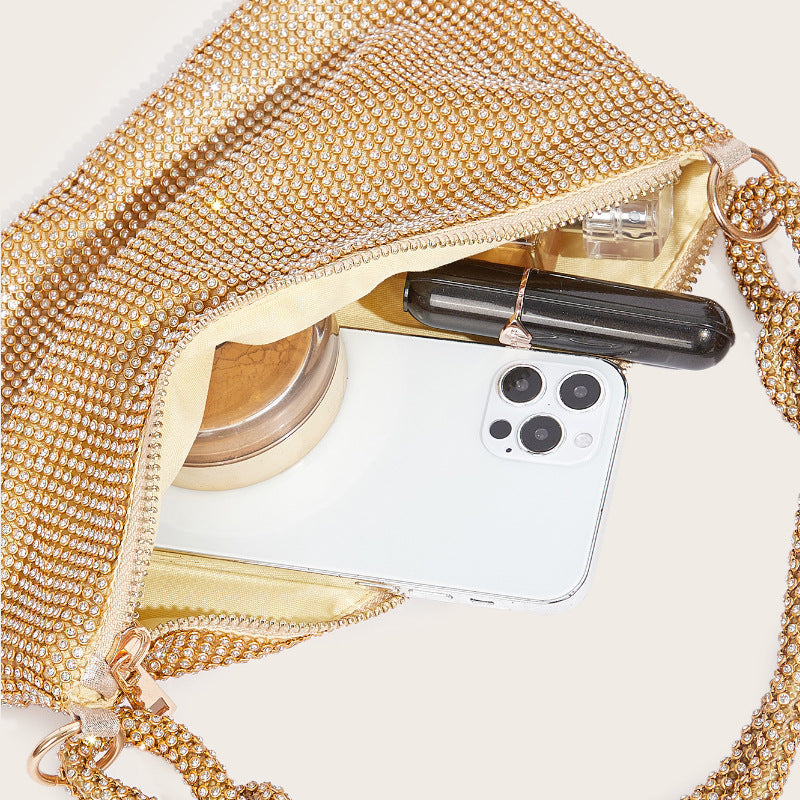 Elegant shoulder bag evening purse hobo with full diamond design, large capacity, and comfortable shoulder strap.