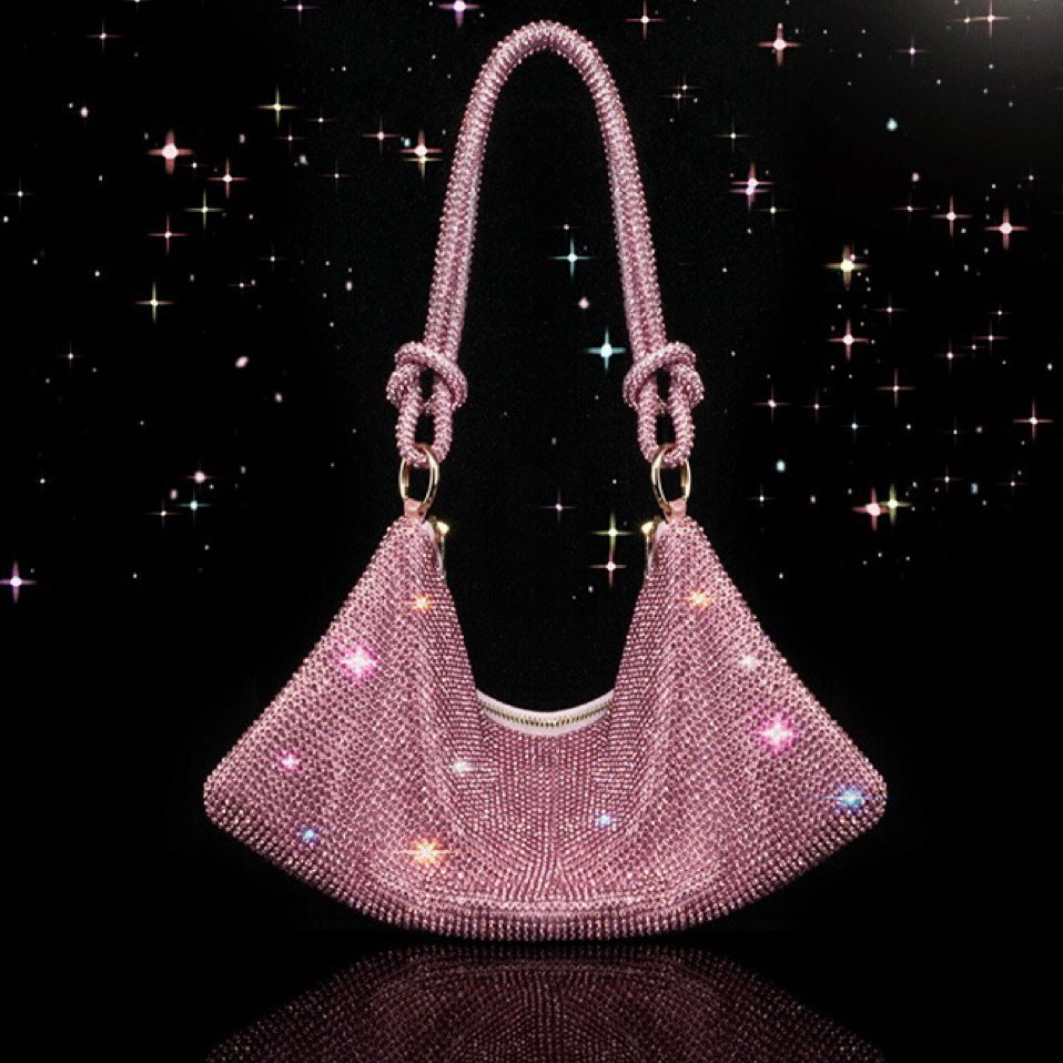 Elegant shoulder bag evening purse hobo with full diamond design, large capacity, and comfortable shoulder strap.