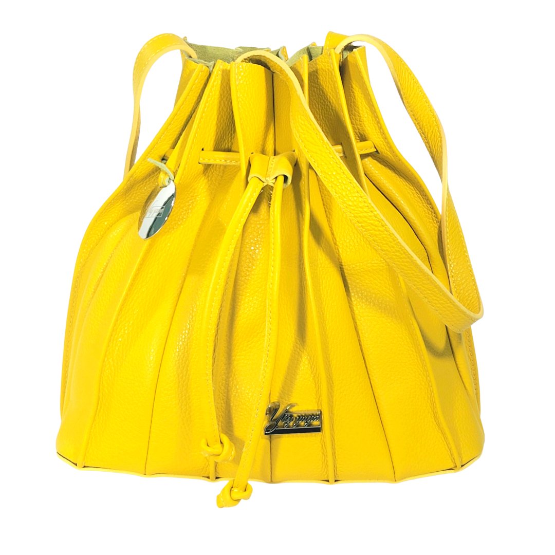 Signature YBY Bella Bag in Pebble Leather with pleats and detachable strap, showcasing its elegant design and Italian craftsmanship.