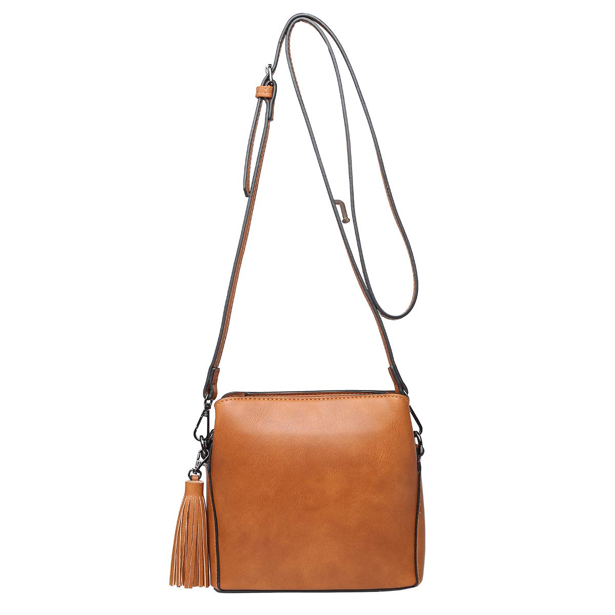 Small tan crossbody bag made of vegan leather with triple compartments and pewter fittings, showcasing multiple pockets for organization.