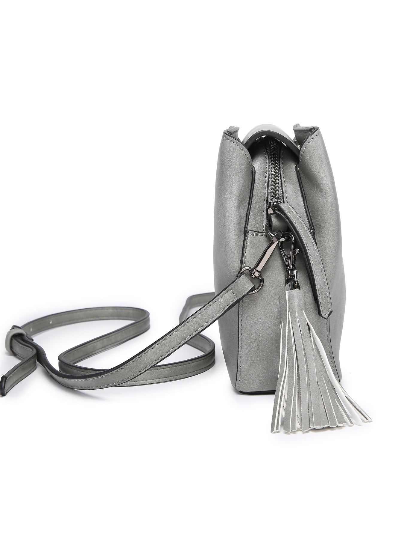 Small crossbody bag in vegan leather with triple compartments and pewter fitting, showcasing its stylish design and practicality.