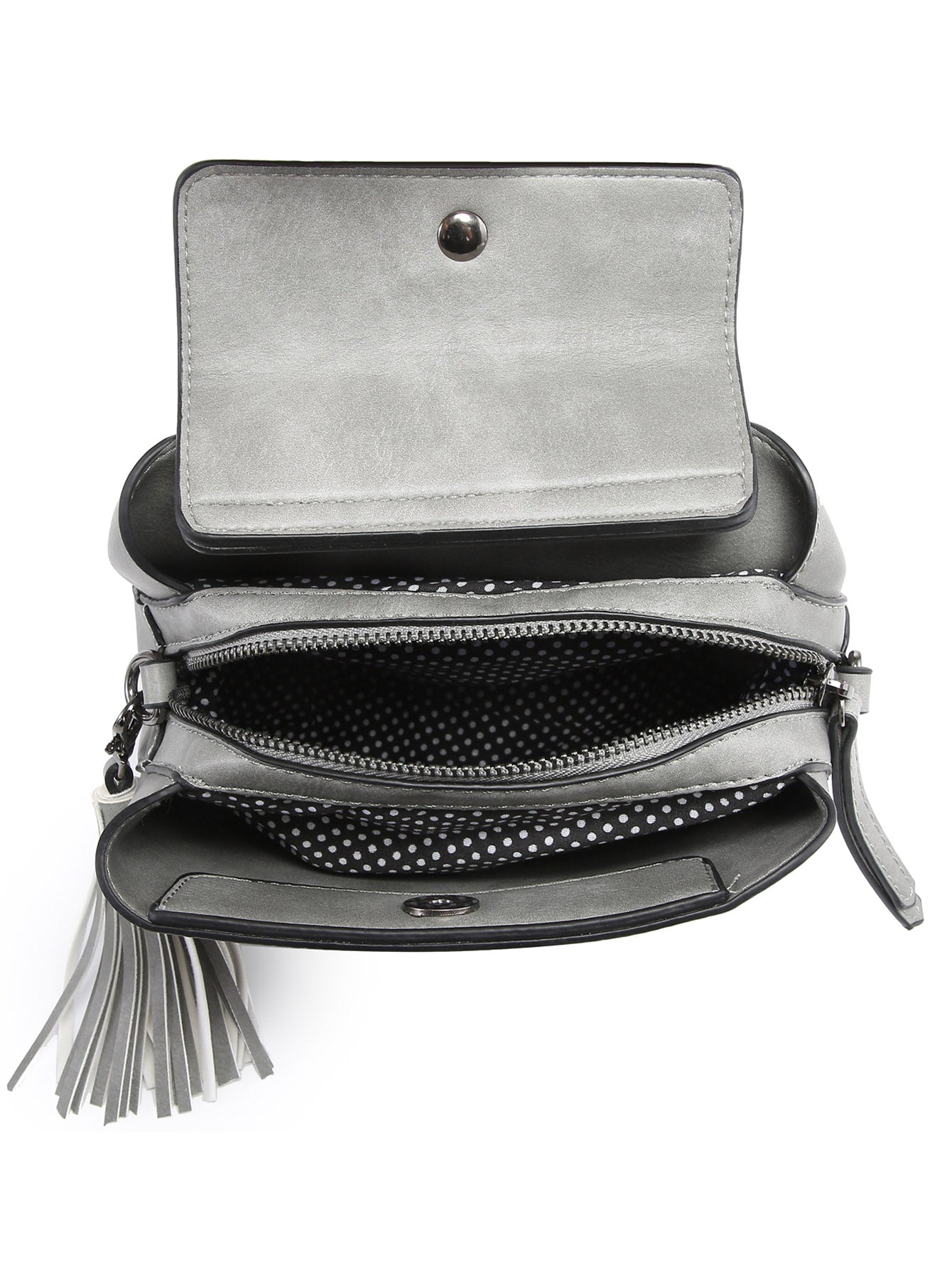 Small crossbody bag in vegan leather with triple compartments and pewter fitting, showcasing its stylish design and practicality.