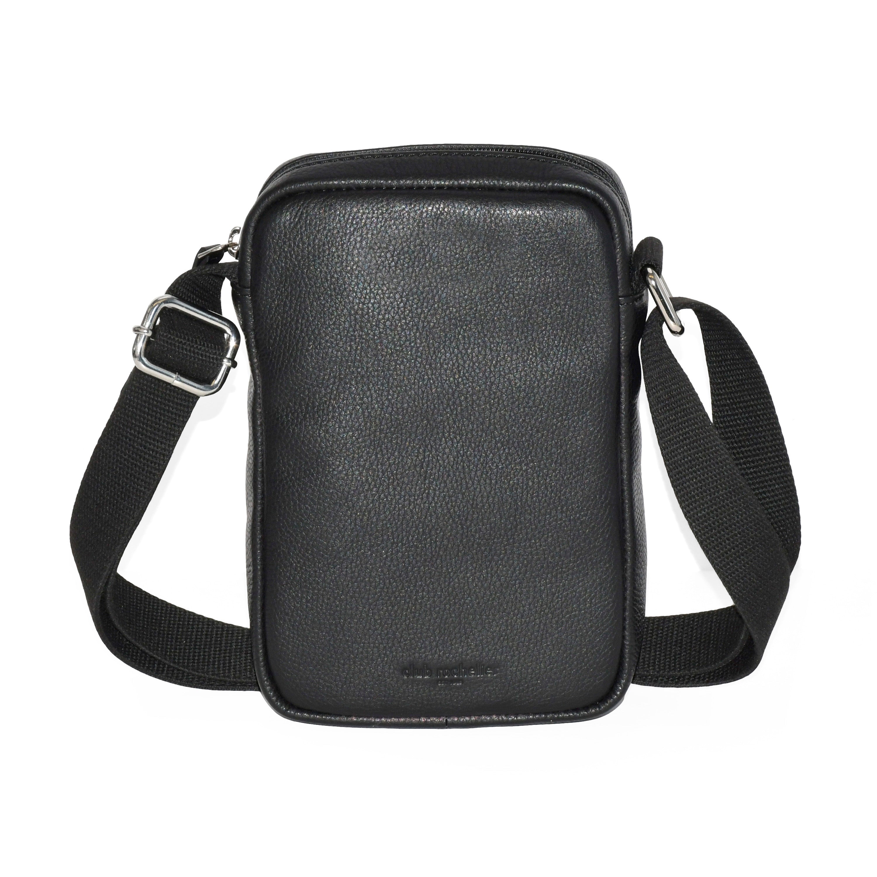 Small Leather Smartphone Crossbody Bag in rich leather with adjustable canvas strap and shiny silver hardware.