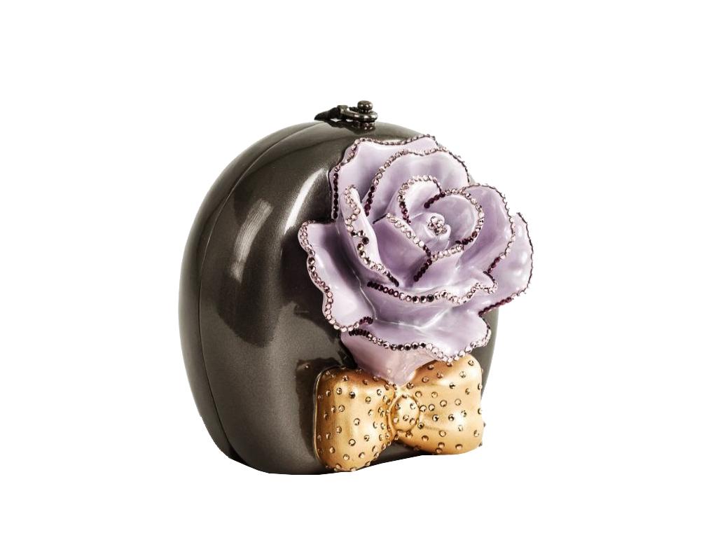 Sterling Rose handbag featuring hand-carved pewter design with Swarovski crystals in amethyst color, showcasing elegance and craftsmanship.