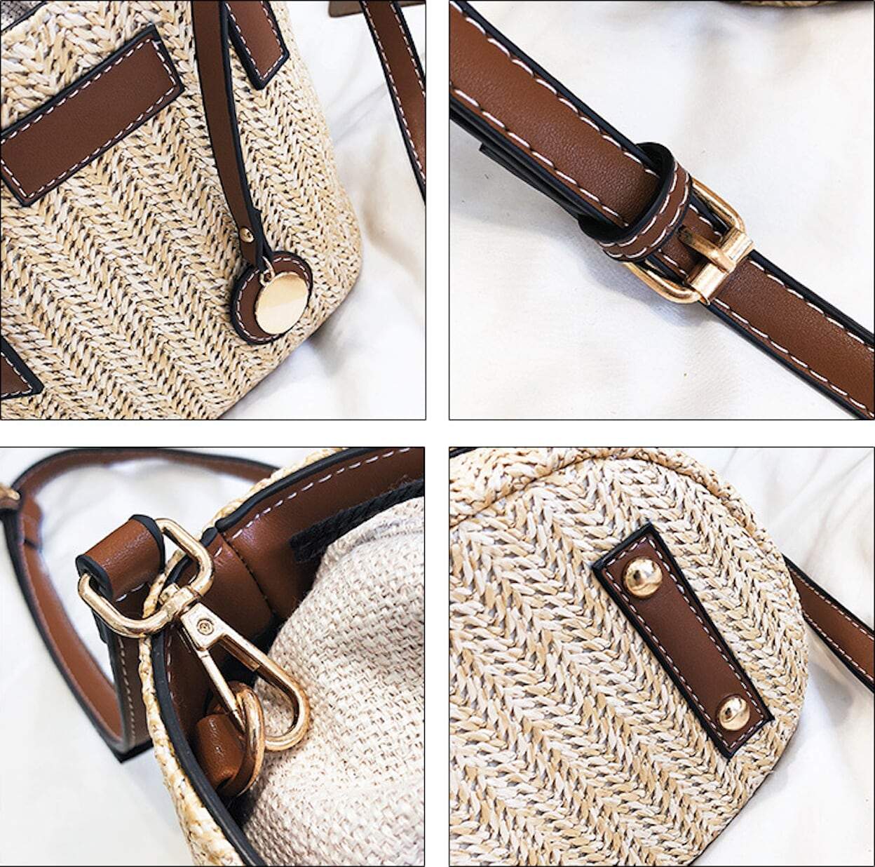 Stylish Straw Shoulder Bucket Bag featuring a Vegan Leather Handle, perfect for summer fashion.