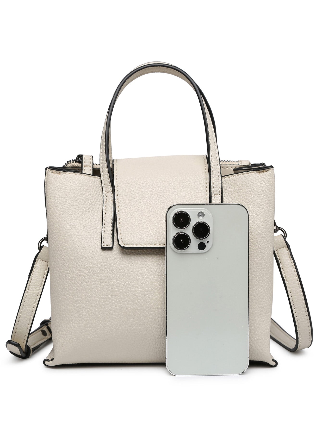 Women Crossbody Tote Bag with triple compartments, adjustable strap, and stylish design in a compact size.