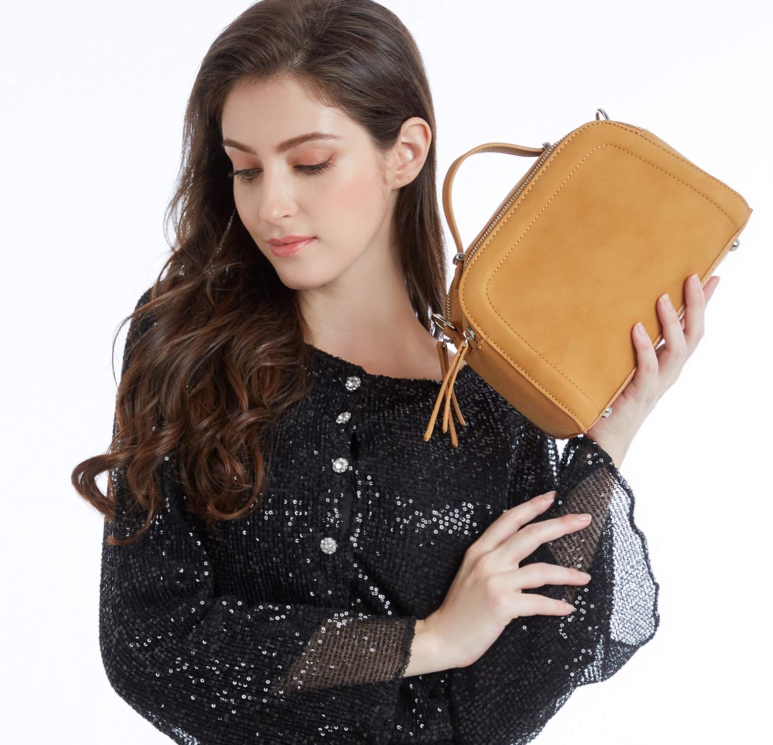 Women crossbody tote bag featuring triple compartments in a stylish tan color, perfect for everyday use.