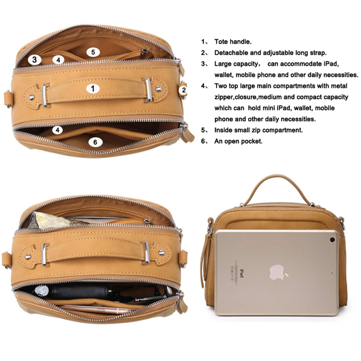 Women crossbody tote bag featuring triple compartments in a stylish tan color, perfect for everyday use.