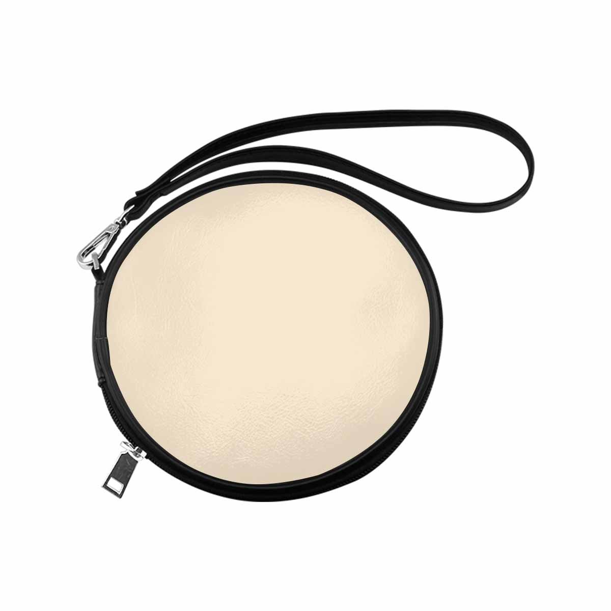 Stylish Womens Round Handbag in Champagne Beige made of high-grade PU leather with a wristlet strap.