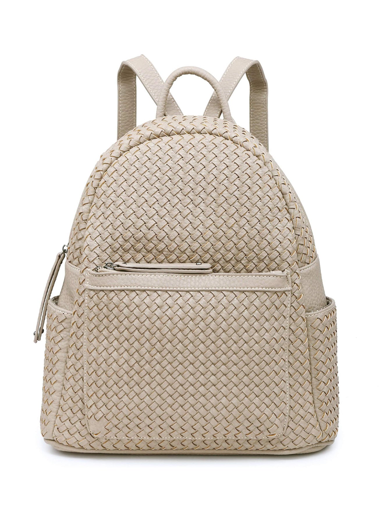 Beige woven backpack purse for women made from vegan leather, showcasing intricate handmade craftsmanship.
