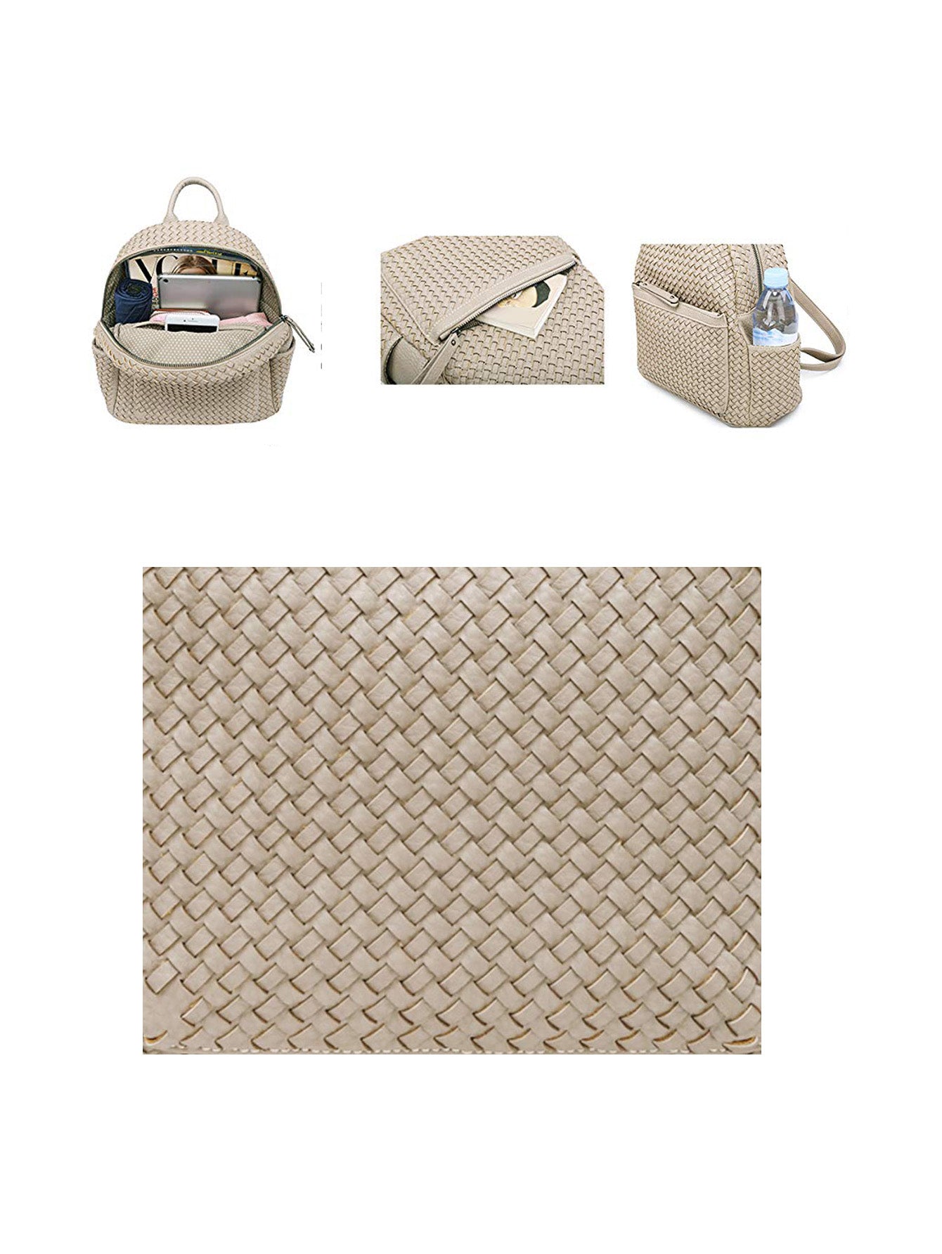 Beige woven backpack purse for women made from vegan leather, showcasing intricate handmade craftsmanship.