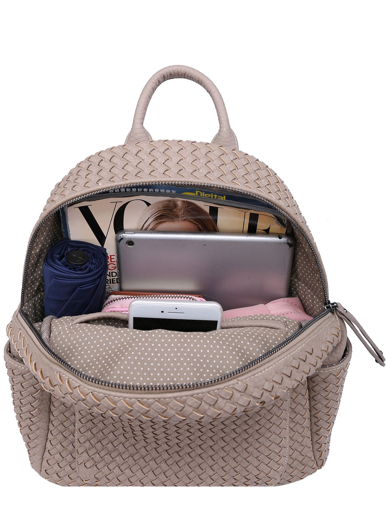 Beige woven backpack purse for women made from vegan leather, showcasing intricate handmade craftsmanship.