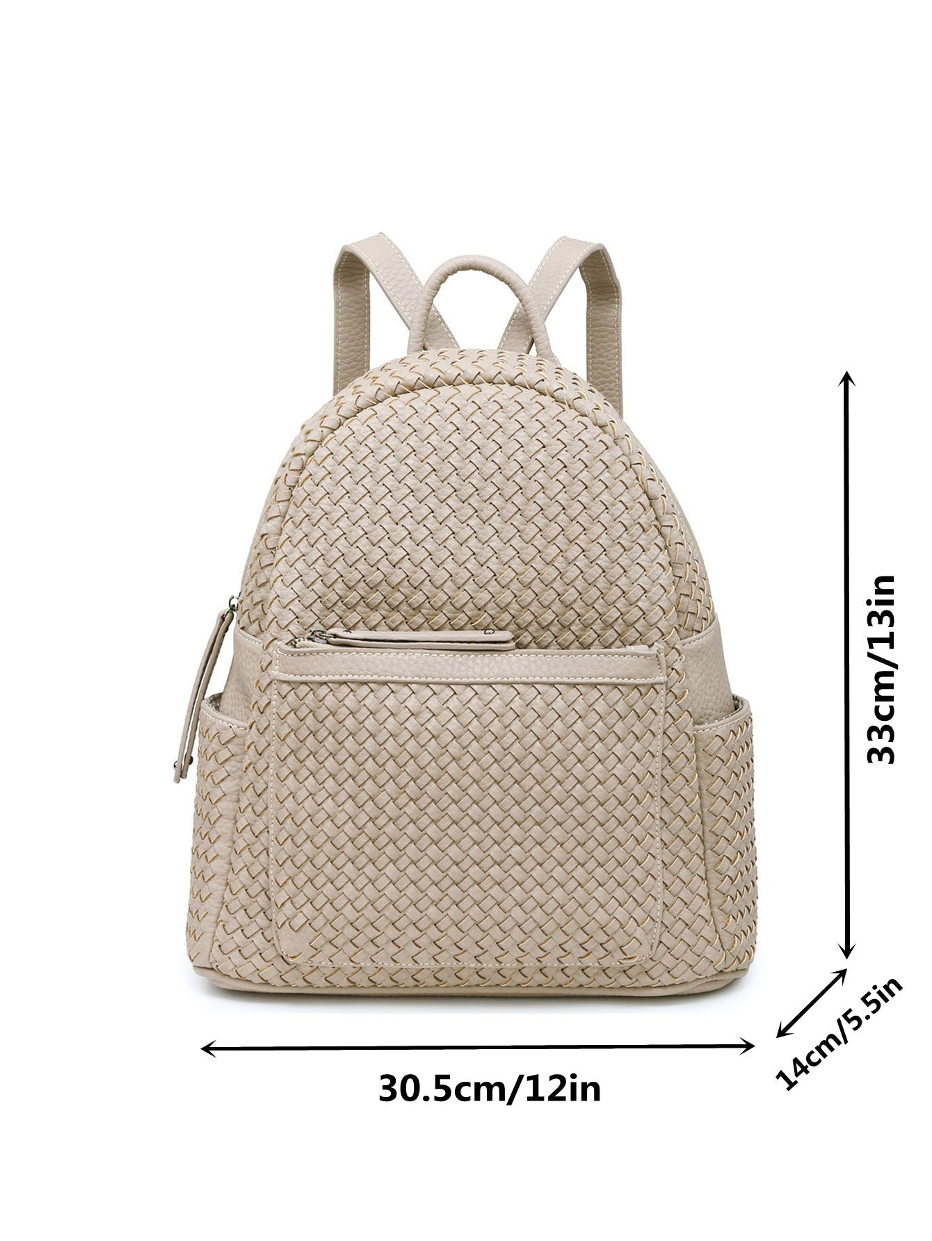 Beige woven backpack purse for women made from vegan leather, showcasing intricate handmade craftsmanship.