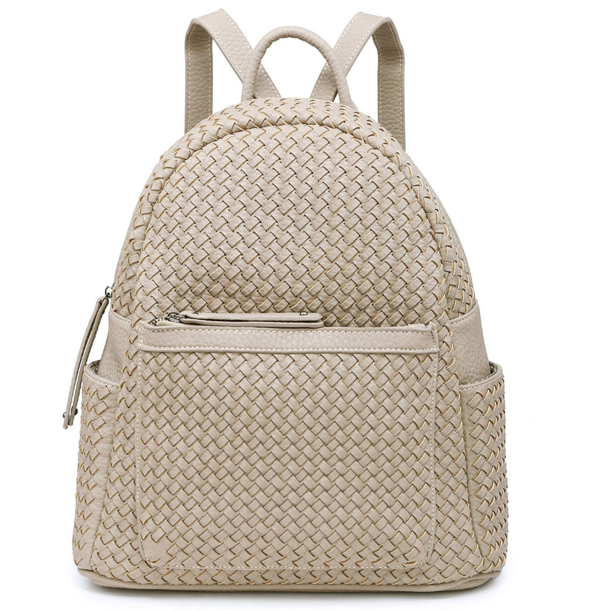 Beige woven backpack purse for women made from vegan leather, showcasing intricate handmade craftsmanship.