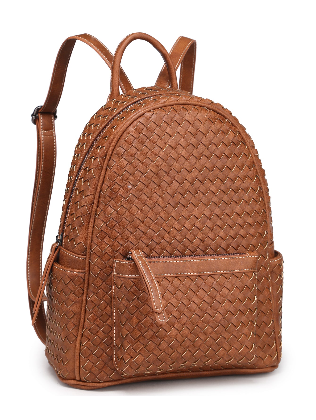 Stylish camel-colored woven backpack purse made from vegan leather, showcasing intricate handmade craftsmanship.