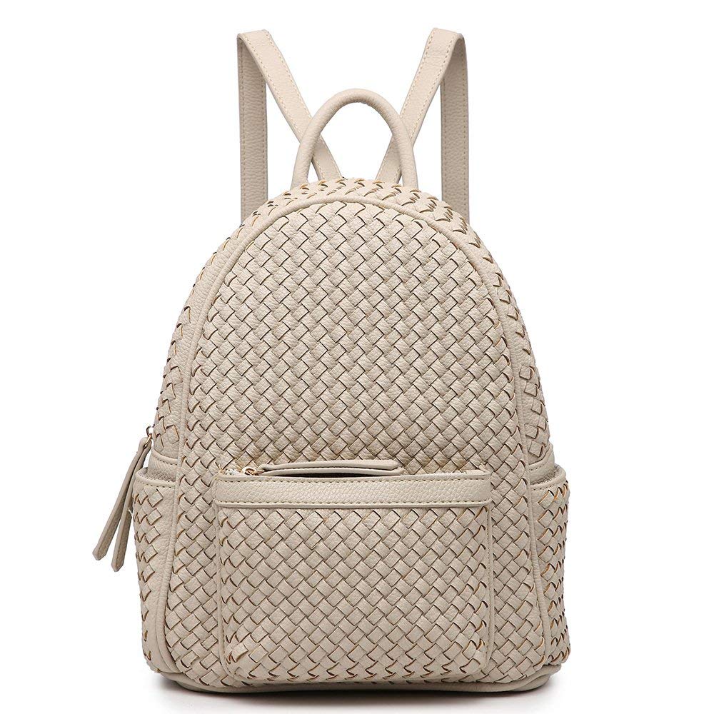 Stylish camel-colored woven backpack purse made from vegan leather, showcasing intricate handmade craftsmanship.