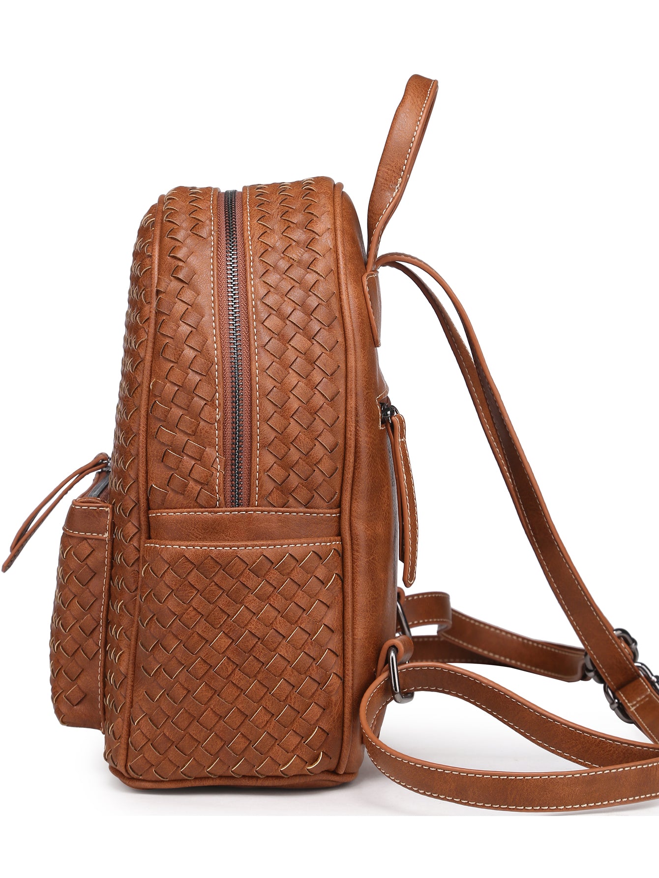 Stylish camel-colored woven backpack purse made from vegan leather, showcasing intricate handmade craftsmanship.