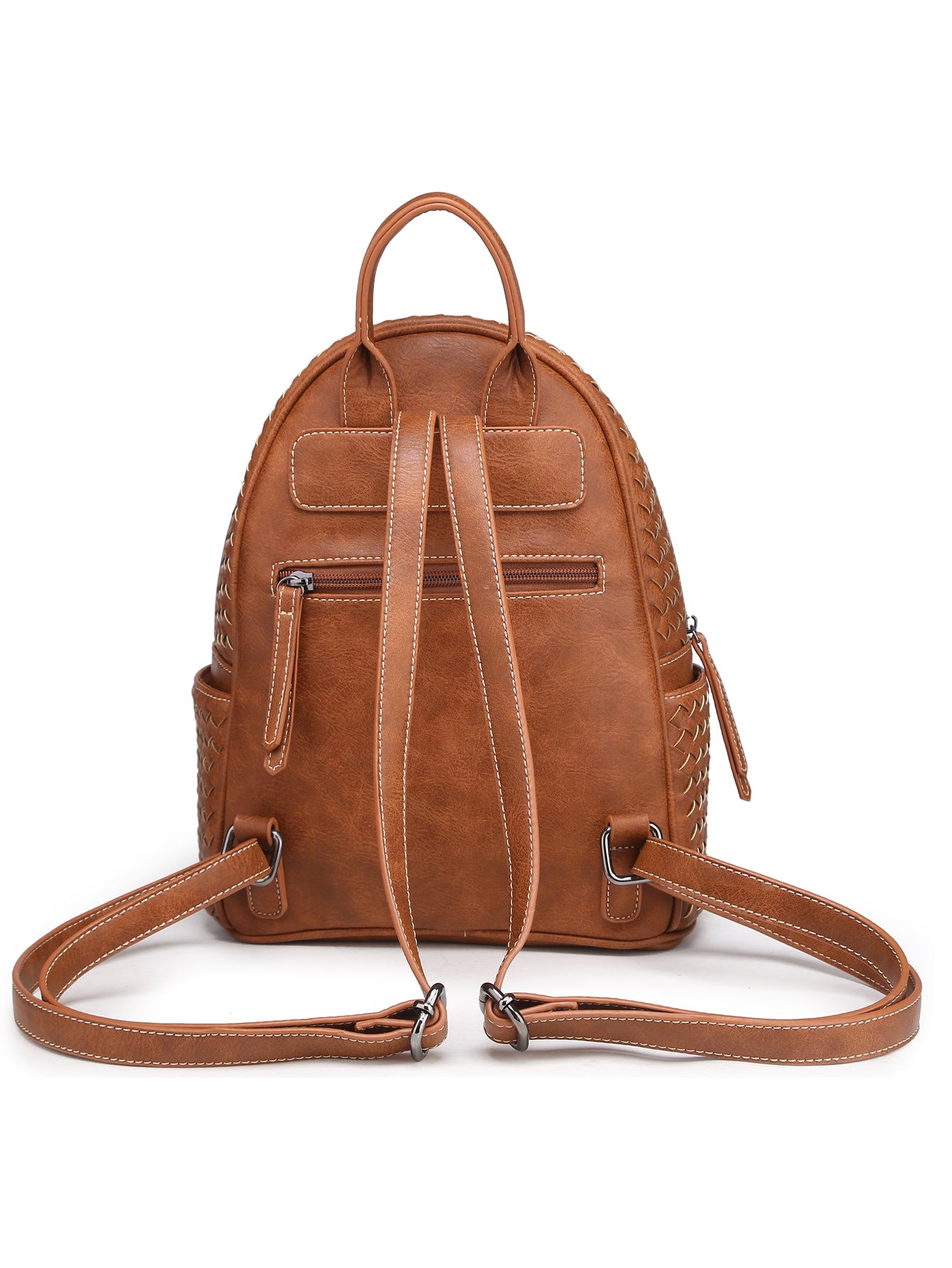 Stylish camel-colored woven backpack purse made from vegan leather, showcasing intricate handmade craftsmanship.